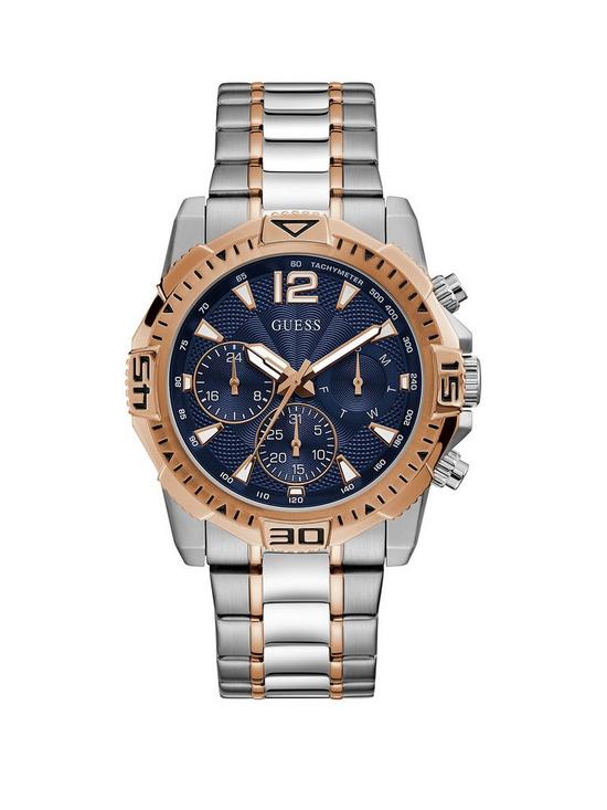 front image of guess-commander-blue-and-rose-gold-detail-chronograph-dial-two-tone-stainless-steel-bracelet-mens-watch