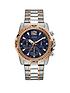  image of guess-commander-blue-and-rose-gold-detail-chronograph-dial-two-tone-stainless-steel-bracelet-mens-watch