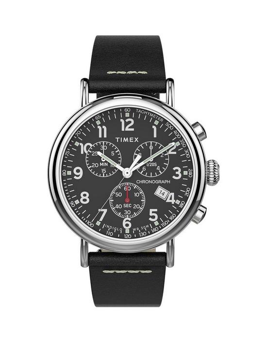front image of timex-black-and-silver-detail-chronograph-dial-black-leather-strap-mens-watch