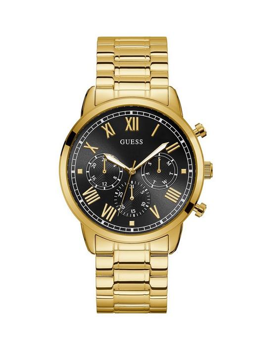 front image of guess-hendrix-black-sunray-chronograph-dial-gold-stainless-steel-bracelet-mens-watch