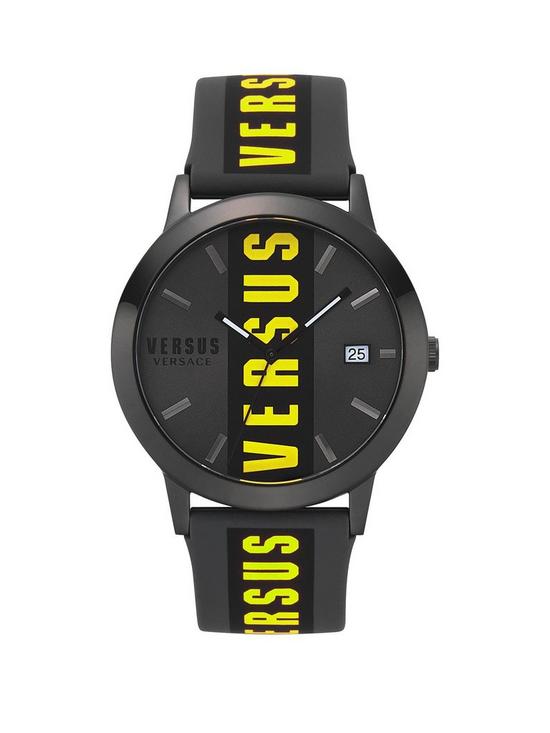 front image of versus-versace-black-date-dial-with-yellow-versus-strip-print-strap-watch