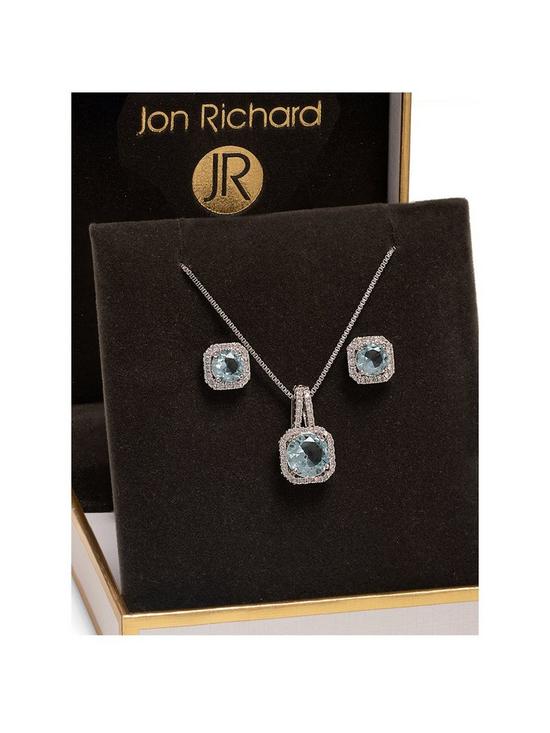 front image of jon-richard-aqua-square-drop-pendant-and-earring-set