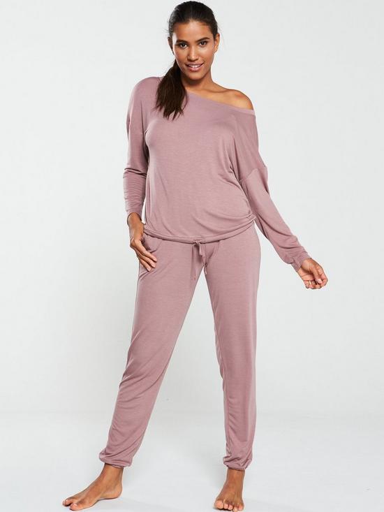 front image of v-by-very-off-the-shoulder-slouchy-pj-set-mauve