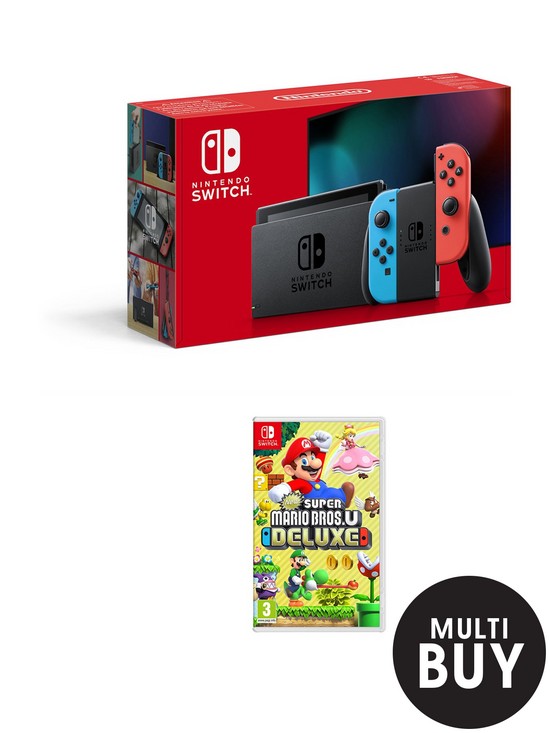 front image of nintendo-switch-neon-console-with-new-super-mario-bros-u-deluxe
