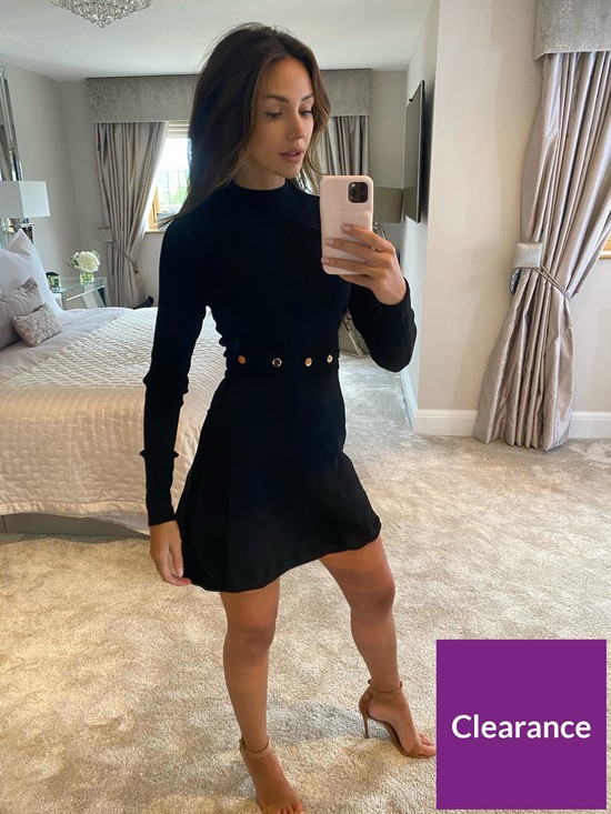 front image of michelle-keegan-button-detail-compact-knit-skater-dress-black