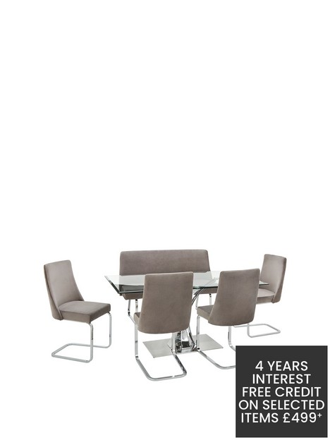 alice-rectangle-160-cm-glass-topnbspdining-tablenbsp1-bench-andnbsp4-velvet-chairs-dining-set