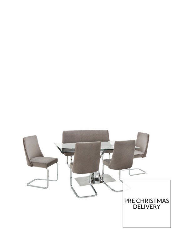 front image of alice-rectangle-160-cm-glass-topnbspdining-tablenbsp1-bench-andnbsp4-velvet-chairs-dining-set
