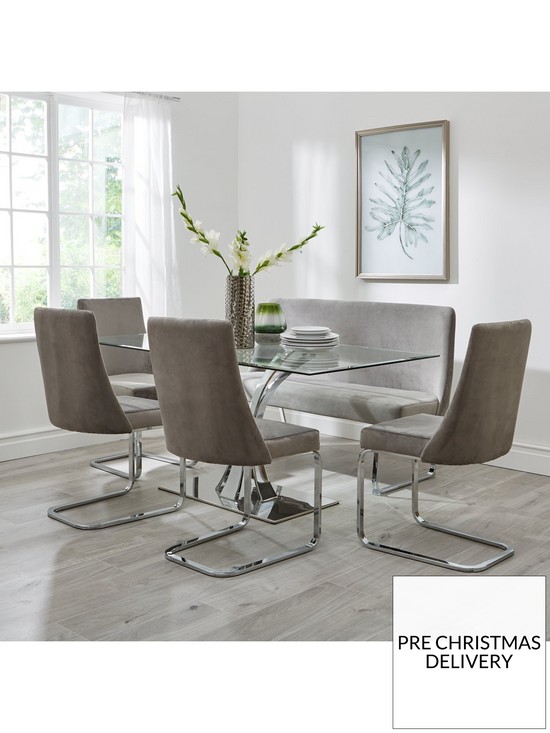 stillFront image of alice-rectangle-160-cm-glass-topnbspdining-tablenbsp1-bench-andnbsp4-velvet-chairs-dining-set