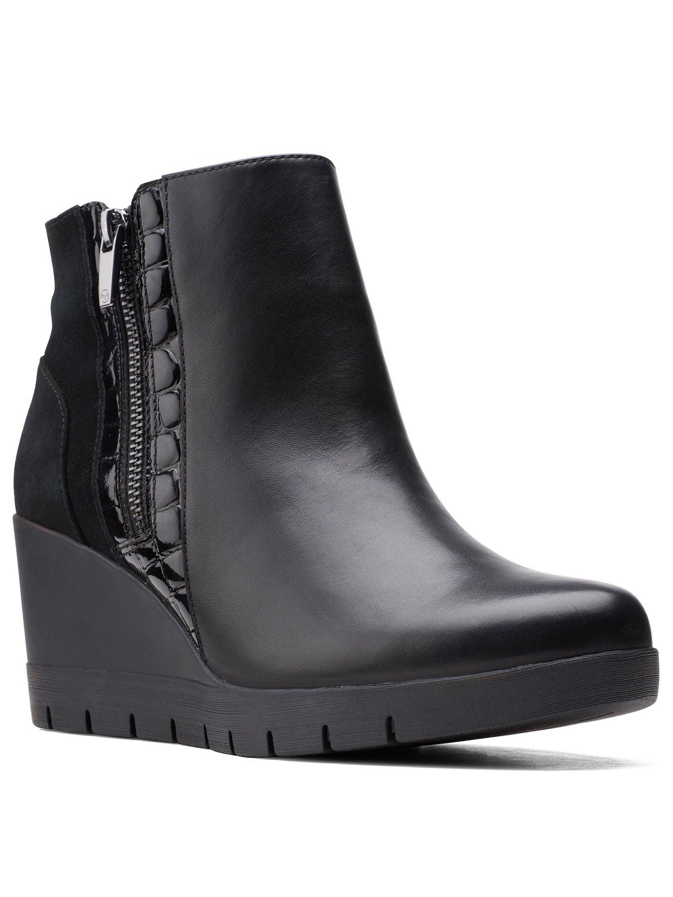 clarks black leather wedge ankle boots