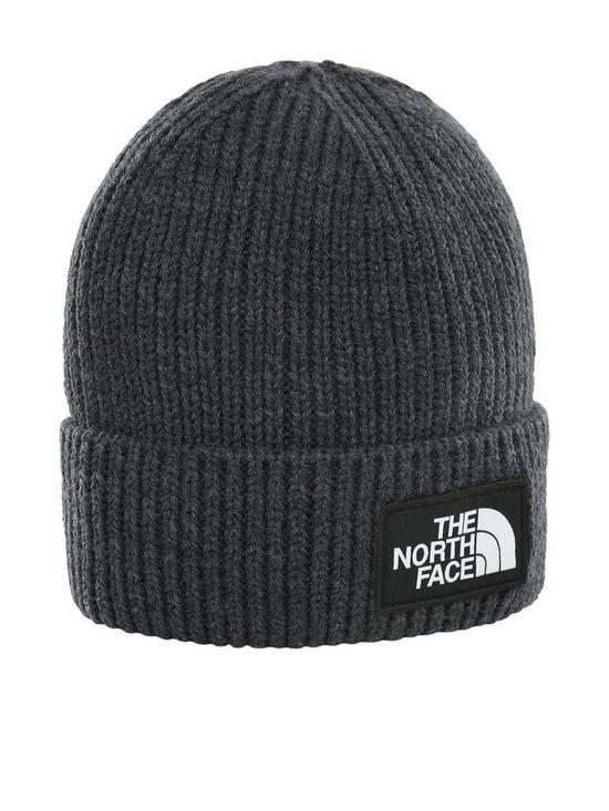 front image of the-north-face-logo-box-cuffed-beanie-medium-grey-heather