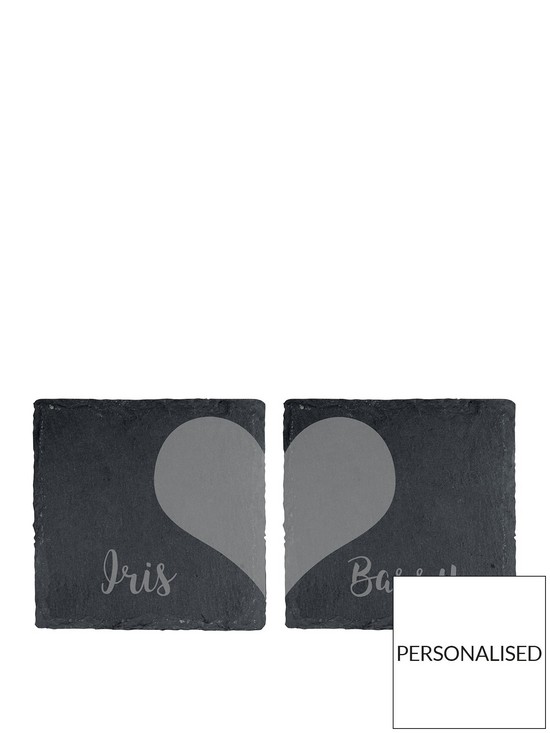 front image of the-personalised-memento-company-personalised-slate-heart-coaster-set