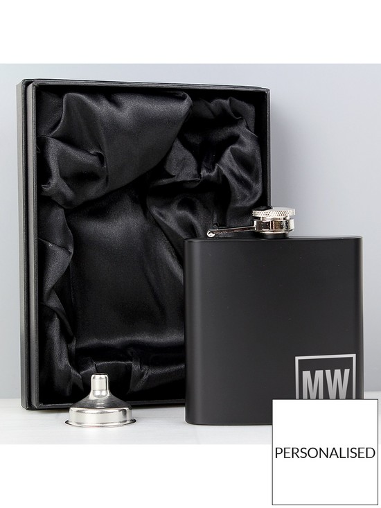 stillFront image of the-personalised-memento-company-personalised-black-monogram-hip-flask