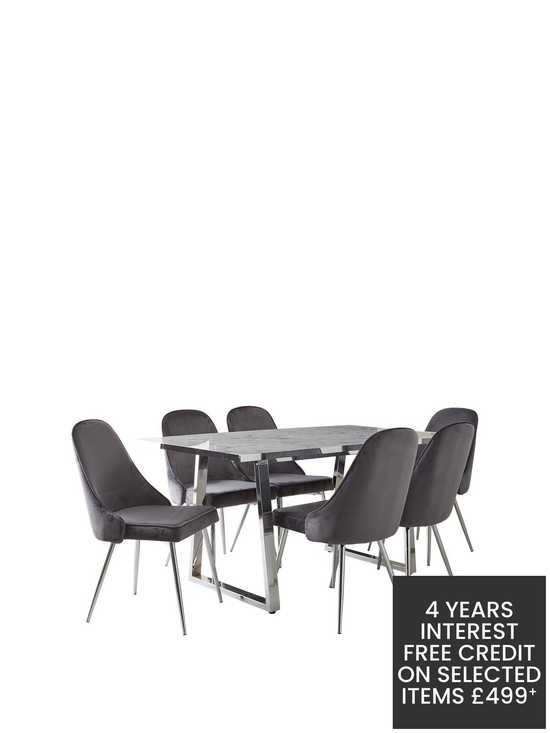 front image of ivy-marble-effect-rectangle-dining-table-with-6-chairs