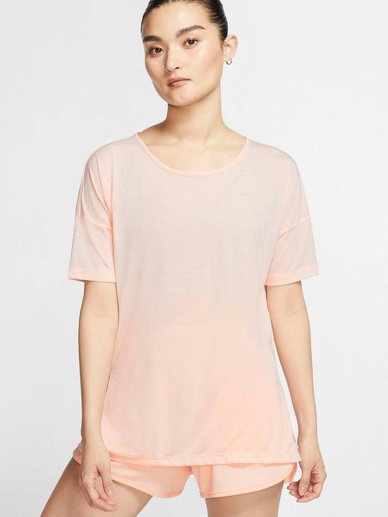 front image of nike-yoga-dry-layer-short-sleeve-top-coral