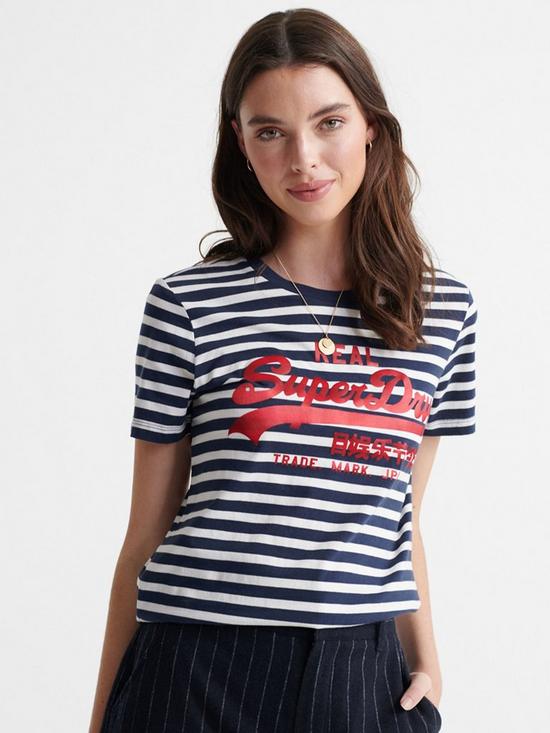 front image of superdry-vintage-logo-satin-stripe-t-shirt-navy