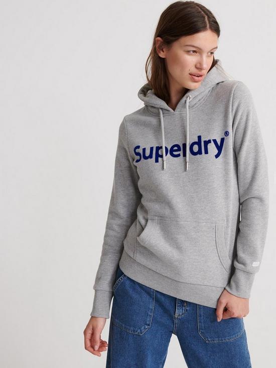 front image of superdry-registered-flock-hoodie-grey