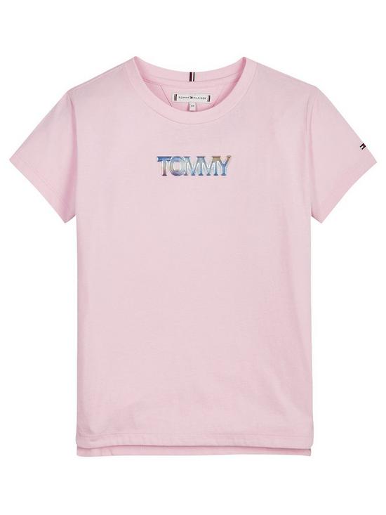front image of tommy-hilfiger-girls-iridescent-logo-short-sleeve-t-shirt-pink