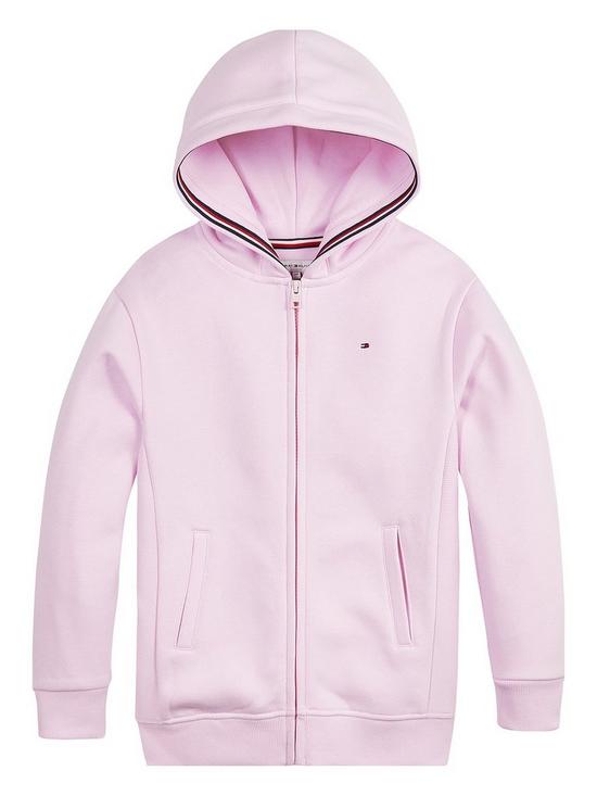 front image of tommy-hilfiger-girls-heritage-logo-zip-through-hoodie-pink