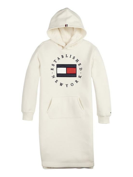 front image of tommy-hilfiger-girls-heritage-logo-hoodie-dress-ivory