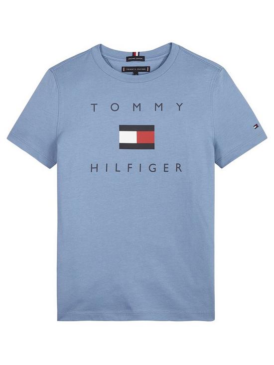 front image of tommy-hilfiger-boys-short-sleeve-logo-t-shirt-blue