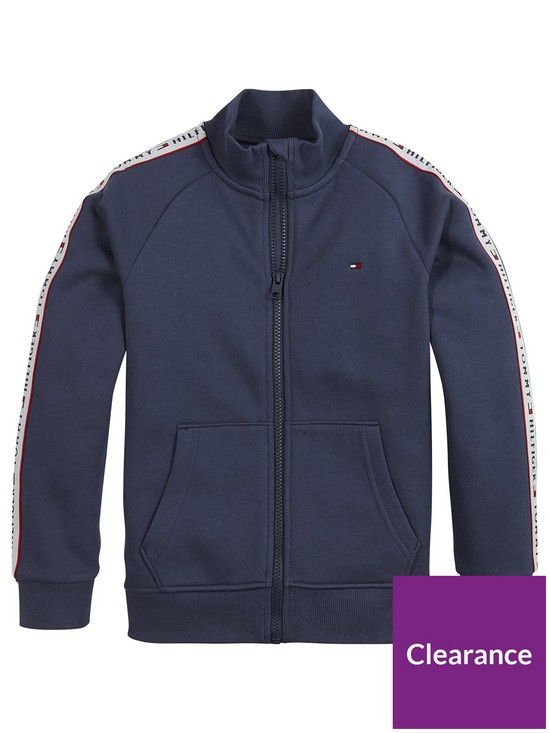 front image of tommy-hilfiger-boys-tape-funnel-neck-zip-through-navy