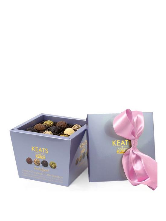 front image of keats-special-truffles-and-chocolate-selection-gift-box-with-hand-tied-ribbon-220g