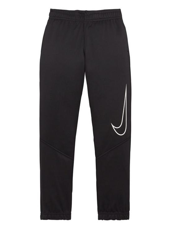 front image of nike-boys-therma-graphicnbsptapered-pant-black-white