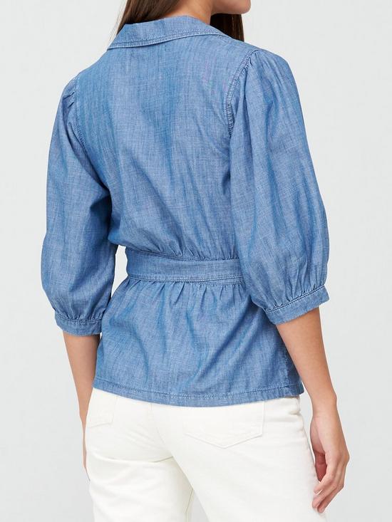 stillFront image of v-by-very-cia-wrap-over-soft-denim-top-mid-wash