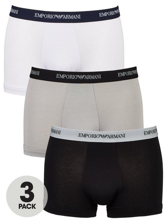 front image of emporio-armani-bodywear-3-pack-emporio-waistband-stretch-cotton-trunks-blackgreywhite