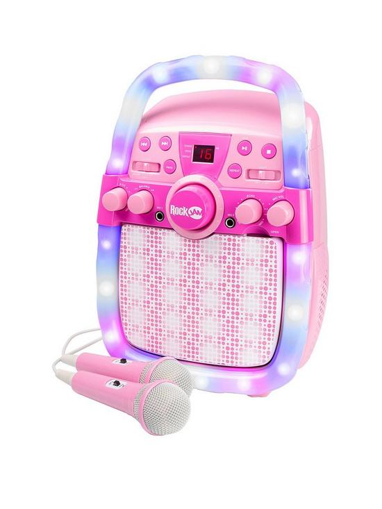 front image of rockjam-cd-bluetooth-karaoke-machine-with-two-microphones-echo-control-led-light-show