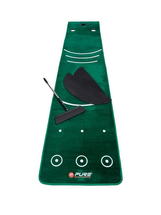 front image of pure2improve-golf-putting-mat-with-broom