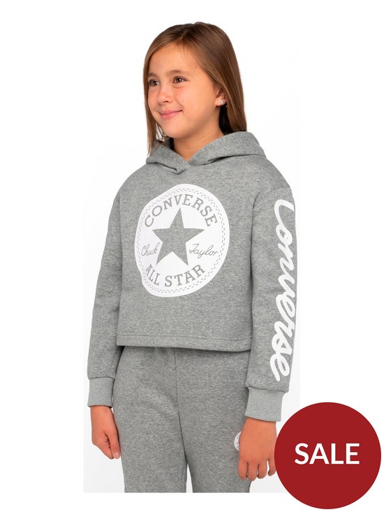 front image of converse-younger-chuck-patch-cropped-overhead-hoodie-grey