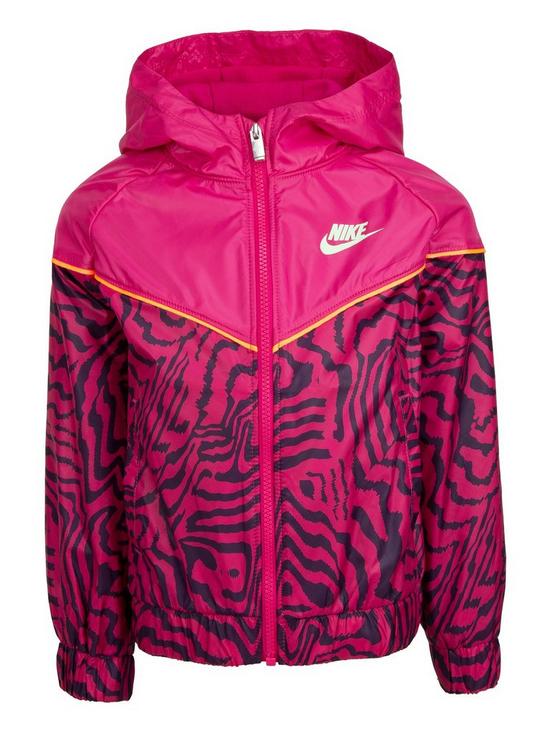 front image of nike-younger-girls-printed-full-zip-windrunner-jacket-purple