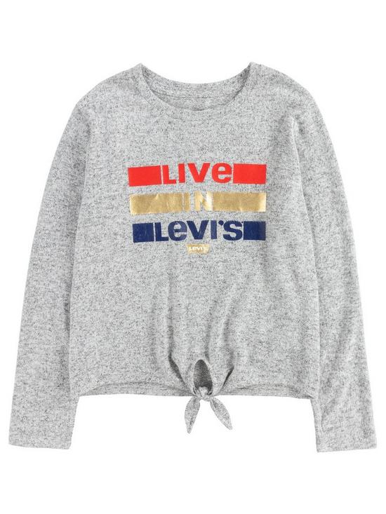 front image of levis-girls-long-sleeve-tie-front-logo-t-shirt-grey-marl