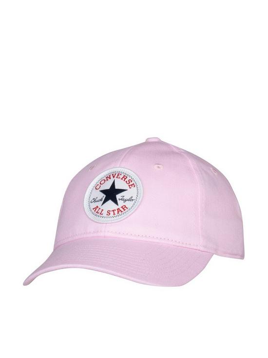 front image of converse-younger-chuck-patch-curved-brim-cap-pink