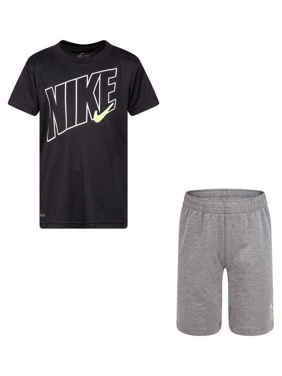 front image of nike-younger-boys-2-piecenbspdri-fit-sport-short-sleeve-t-shirt-and-shorts-set-grey