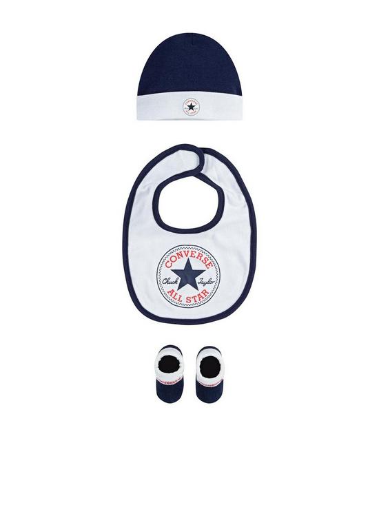 front image of converse-younger-chuck-infant-hat-bib-bootie-set-3pc