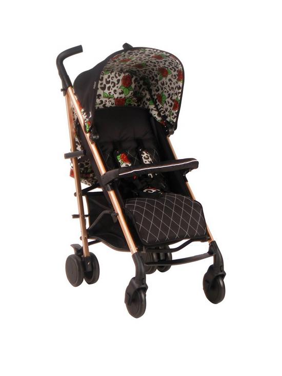 front image of my-babiie-believe-mb51-rose-gold-and-rose-leopard-stroller