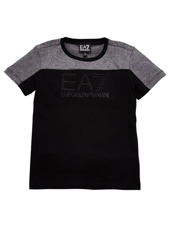 front image of ea7-emporio-armani-boys-short-sleeve-colour-block-t-shirt-dark-grey