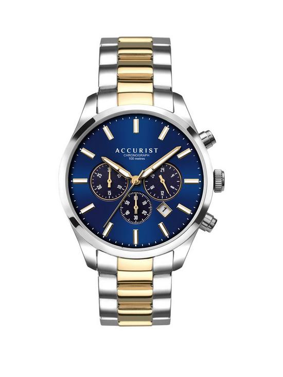 front image of accurist-blue-sunray-and-gold-detail-chronograph-dial-two-tone-stainless-steel-bracelet-mens-watch