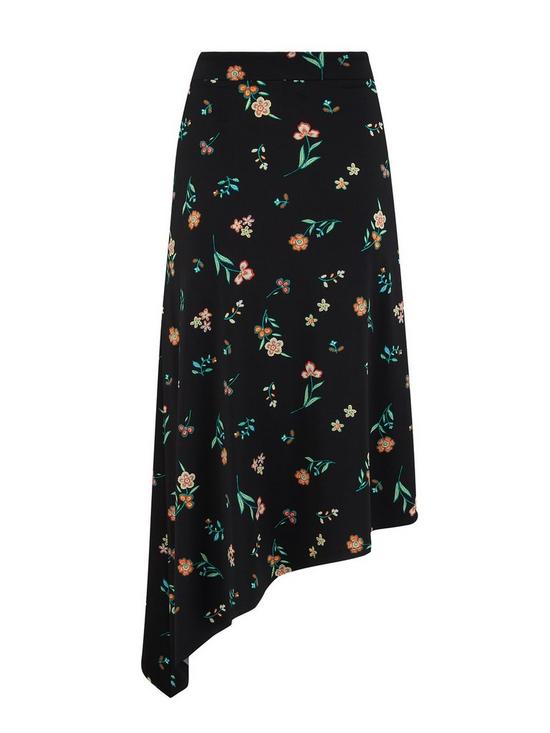stillFront image of pour-moi-slinky-jersey-asymmetric-midi-skirt-black-floral