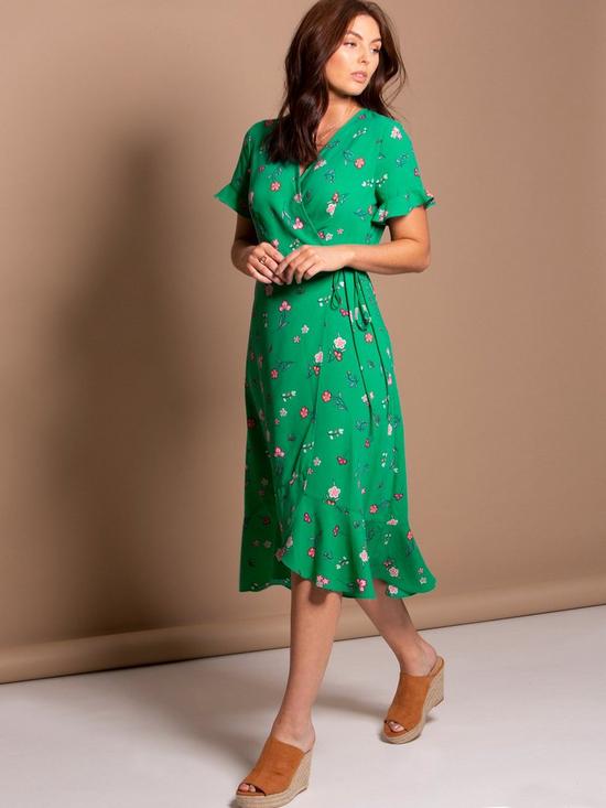 back image of pour-moi-frill-detail-woven-midi-wrap-dress-green-floral