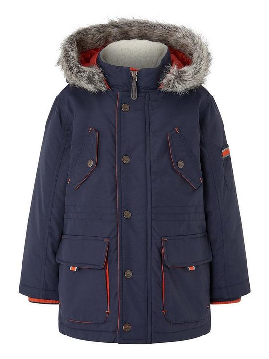 front image of monsoon-boys-parka-coat-with-hood-navy