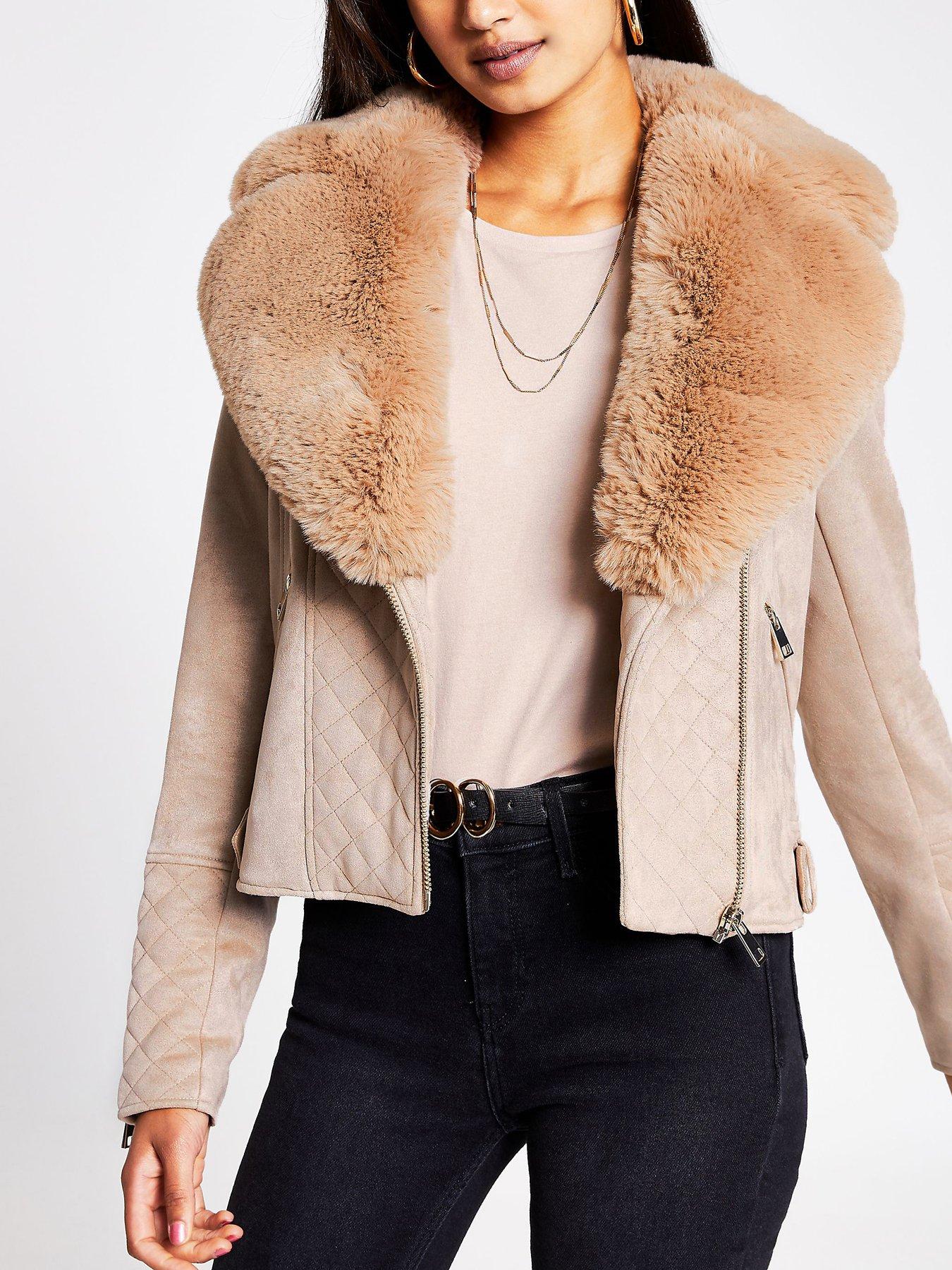 river island grey faux suede fur trim biker jacket