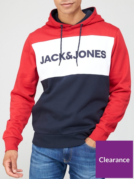 front image of jack-jones-colour-block-logo-hoodie-red