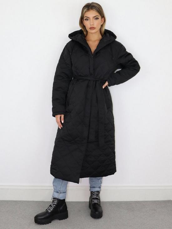 front image of missguided-hooded-diamond-quilted-coat-black
