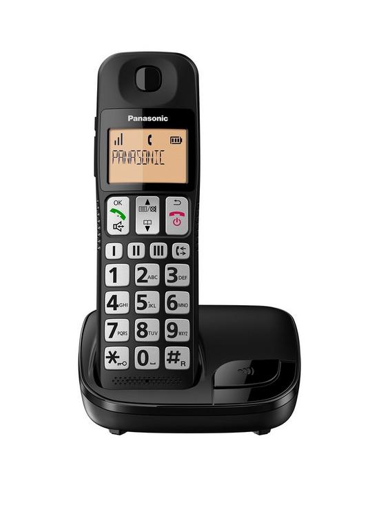 front image of panasonic-kx-tge110eb-big-button-single-dect-cordless-telephone-with-nuisance-call-blocker-lcd-display-single-handset-pack-black