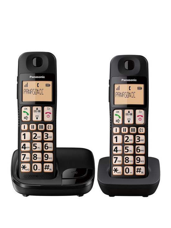 front image of panasonic-kx-tge112eb-big-button-twin-dect-cordless-telephone-with-nuisance-call-blocker-amp-lcd-display-twin-handset-pack-black