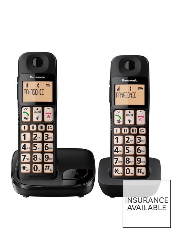 front image of panasonic-kx-tge112eb-big-button-twin-dect-cordless-telephone-with-nuisance-call-blocker-amp-lcd-display-twin-handset-pack-black