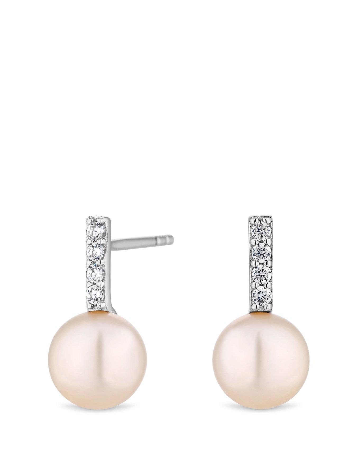 Simply Silver Sterling Silver 925 with Freshwater Pearl Bar Stud Earrings